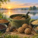 Verschiedene Sorten Sensas Futter mit Futterballen und Futterkorb am See