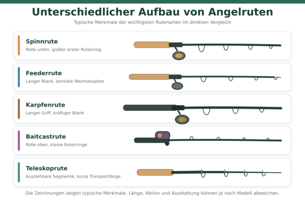 Vergleich des Aufbaus von Spinnrute, Feederrute, Karpfenrute, Baitcastrute und Teleskoprute