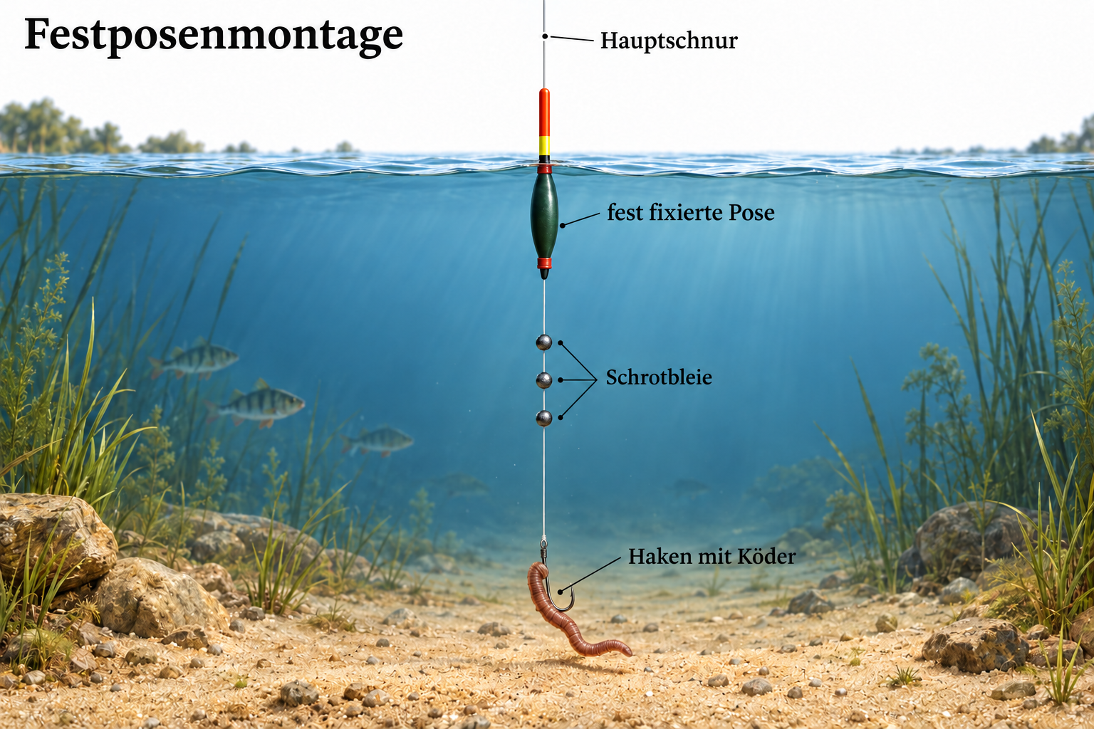 Illustration einer Festposenmontage mit Pose, Bleischroten und Haken am Vorfach.