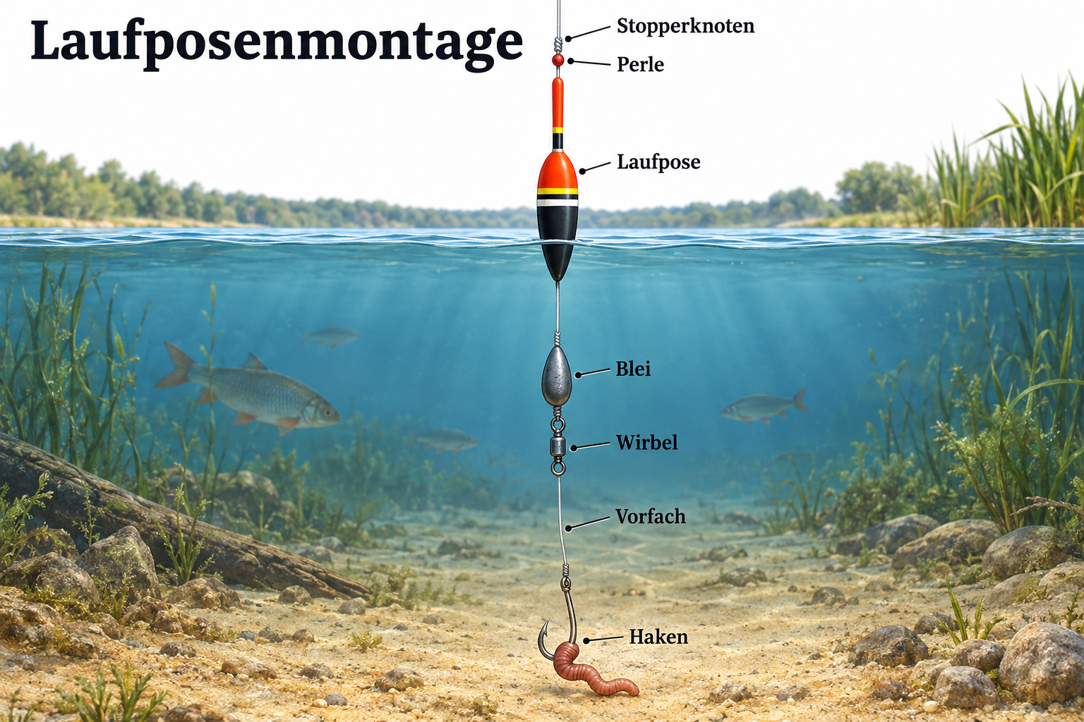 Illustration einer Laufposenmontage mit Schnurstopper, Laufpose, Bebleiung und Haken.