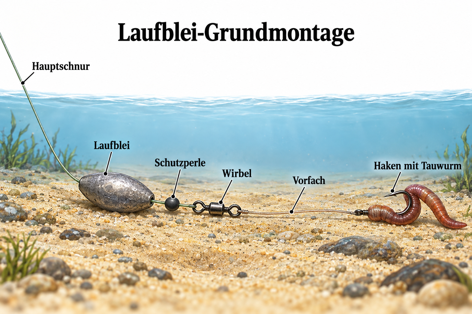 Illustration einer Grundmontage mit Laufblei am Gewässerboden, Wirbel und beködertem Haken.