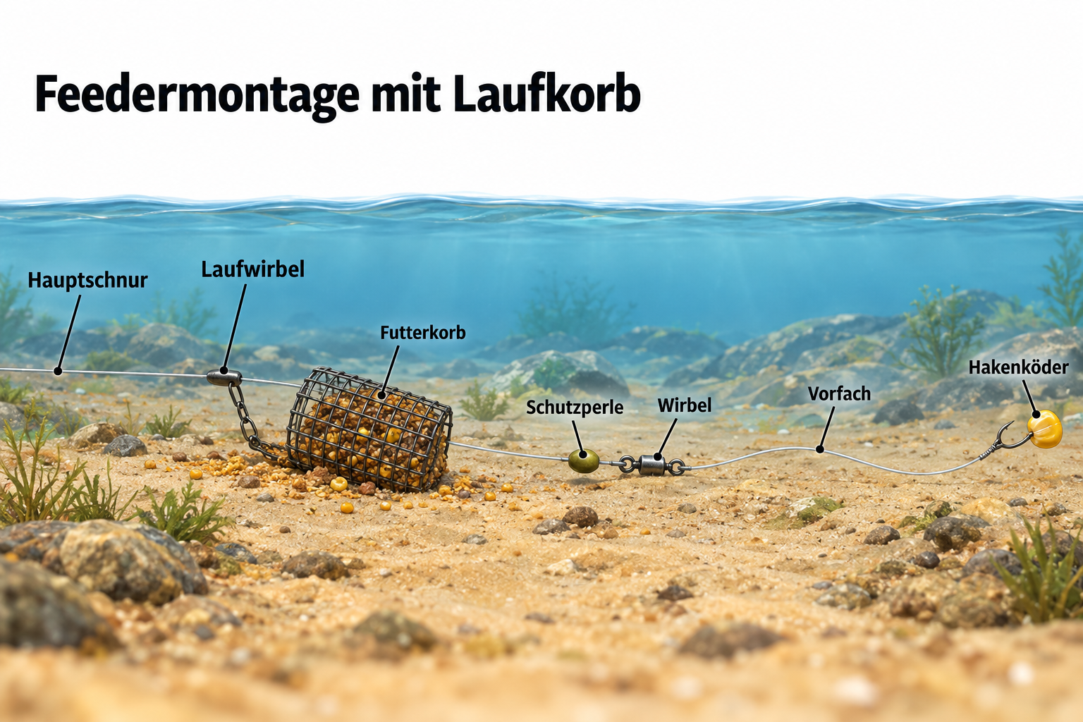 Illustration einer Feedermontage mit frei laufendem Futterkorb und Haken am Vorfach.