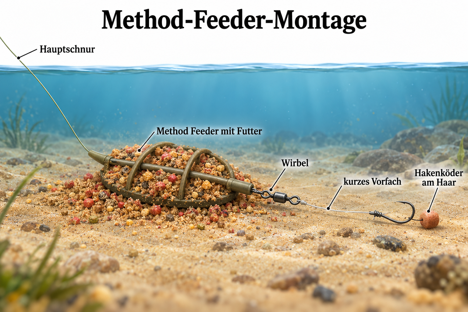 Illustration einer Method-Feeder-Montage mit gefülltem Futterkorb und kurzem Vorfach mit Köder.