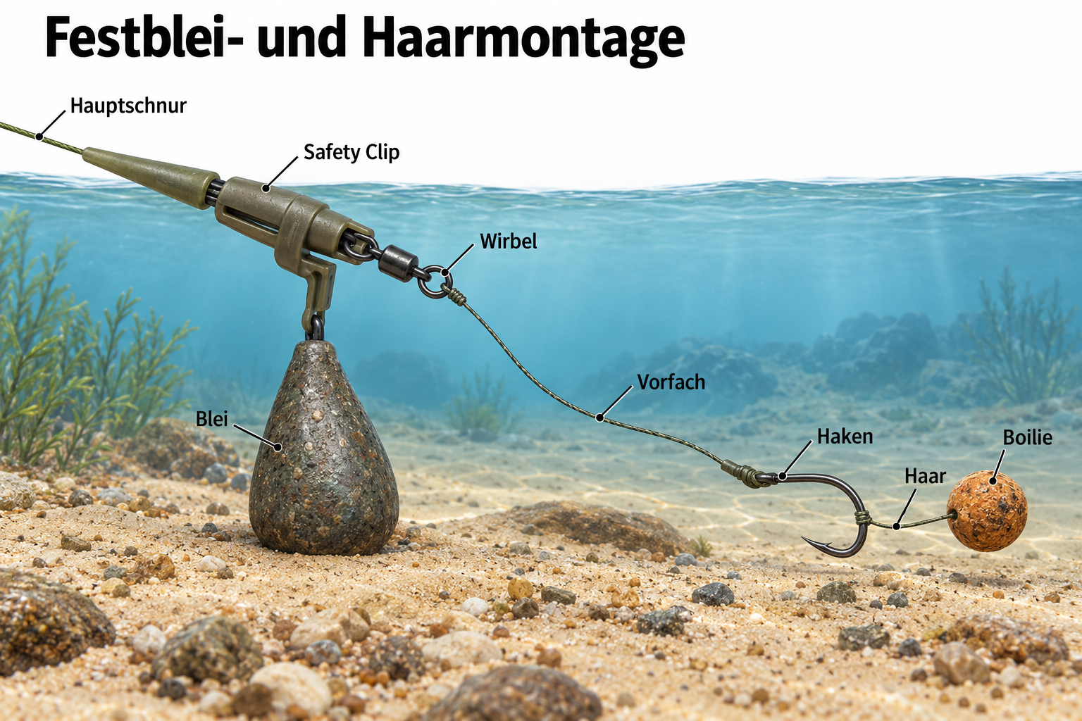Illustration einer Karpfenmontage mit Blei, Vorfach und Boilie am Haar neben dem Haken.