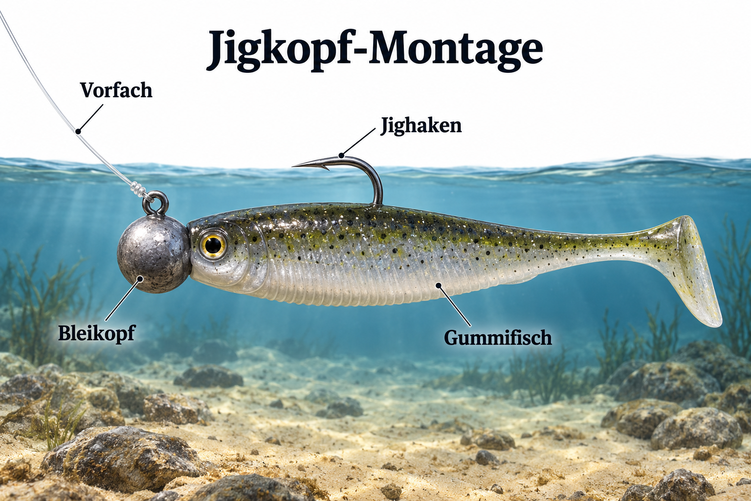 Illustration eines Gummifisches am Jigkopf mit freiliegender Hakenspitze.