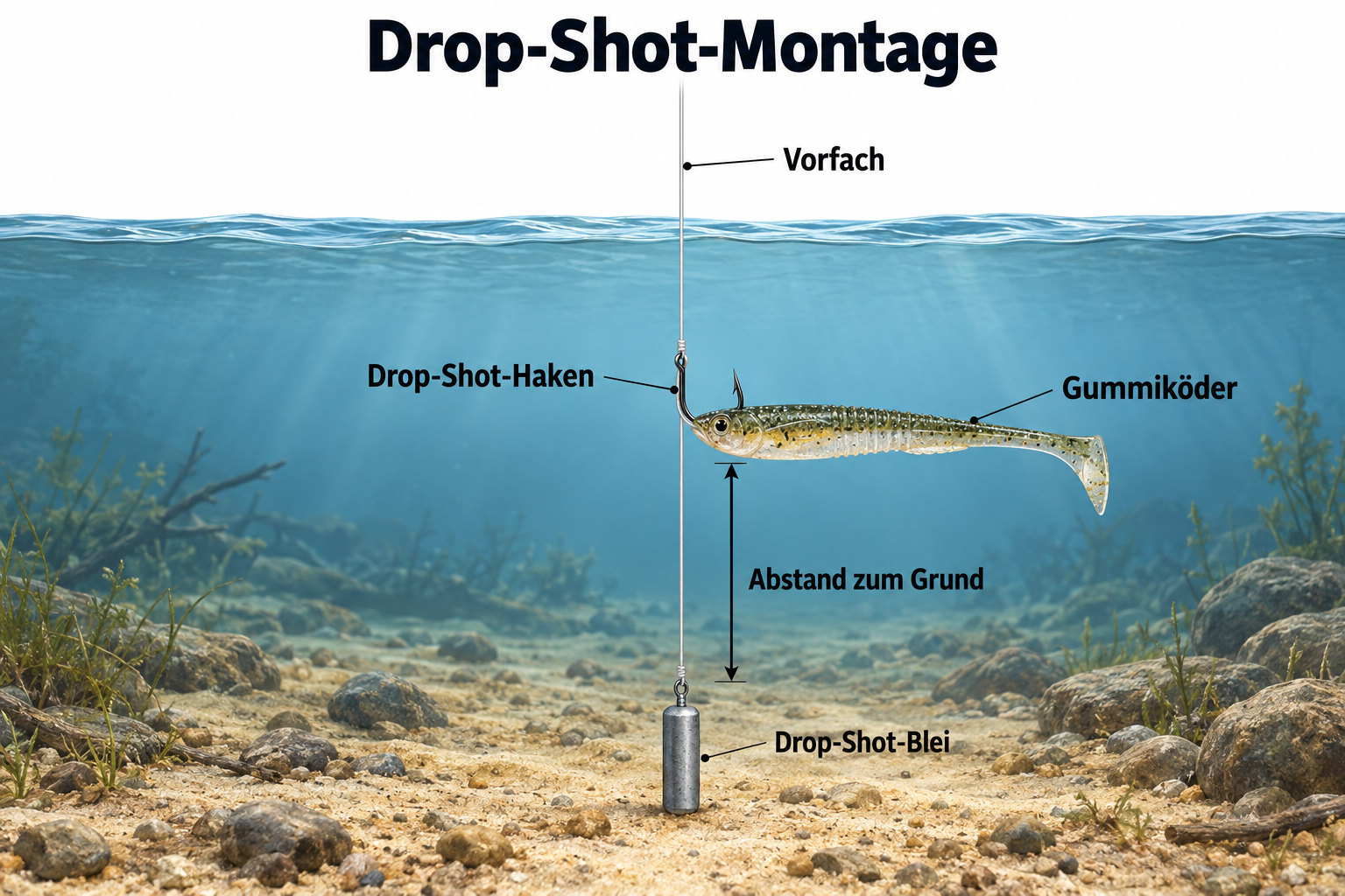 Illustration einer Drop-Shot-Montage mit Gummiköder oberhalb des Bleis am Schnurende.