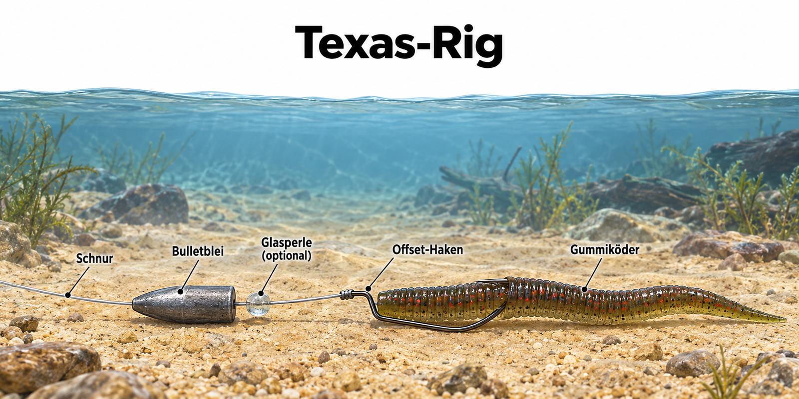 Illustration eines Texas Rigs mit Bulletblei und Gummiköder am Offsethaken.