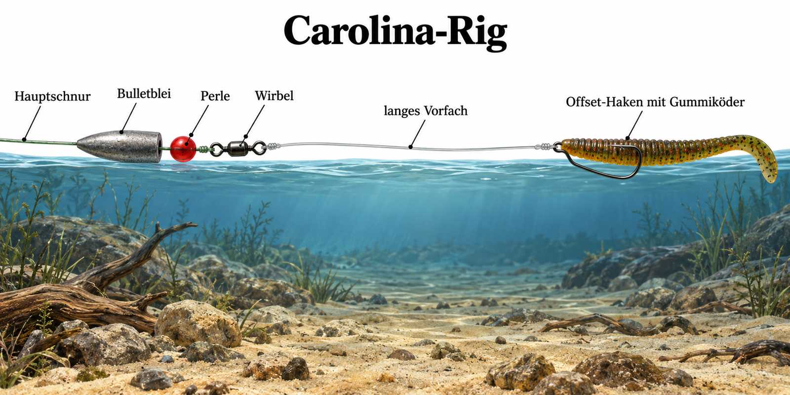 Illustration eines Carolina Rigs mit Bulletblei, Perle, Wirbel und Gummiköder am Vorfach.