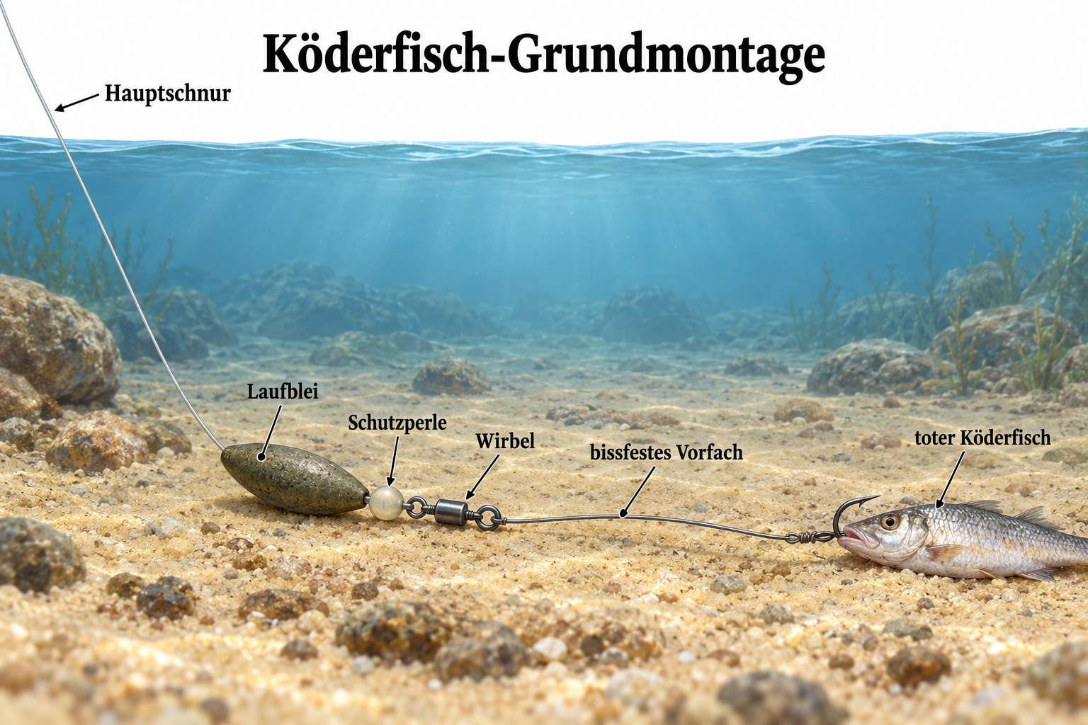 Illustration einer Grundmontage mit Blei und totem Köderfisch am Vorfach.