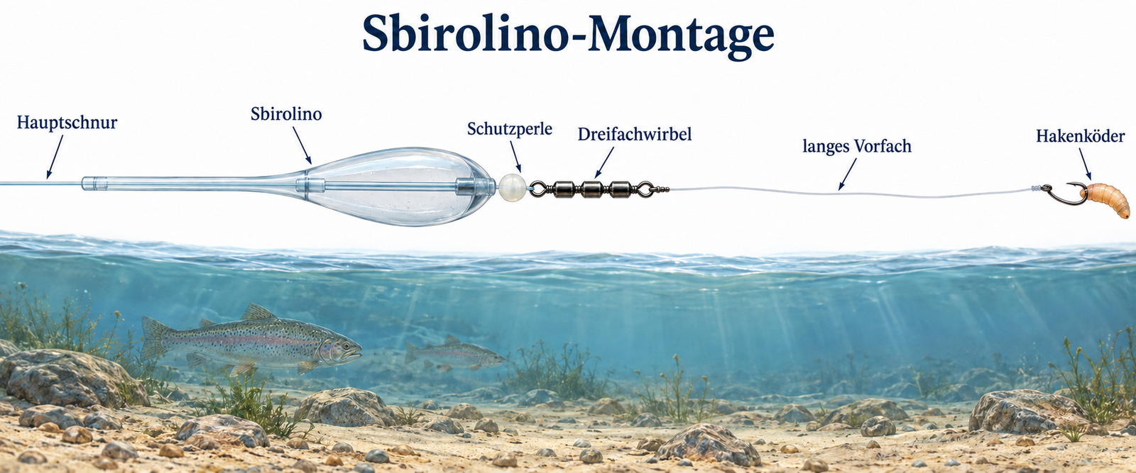 Illustration einer Sbirolino-Montage mit Sbirolino, Dreifachwirbel und langem Vorfach mit Haken.