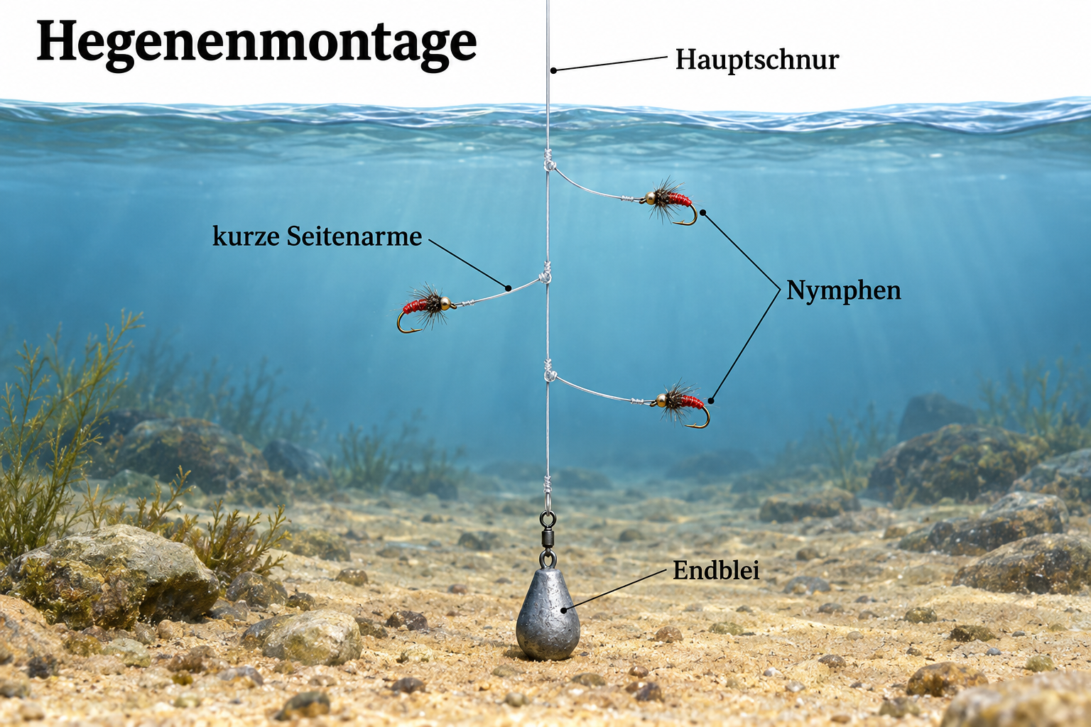 Illustration einer Hegene mit mehreren Nymphen an Seitenarmen und einem Blei am unteren Ende.