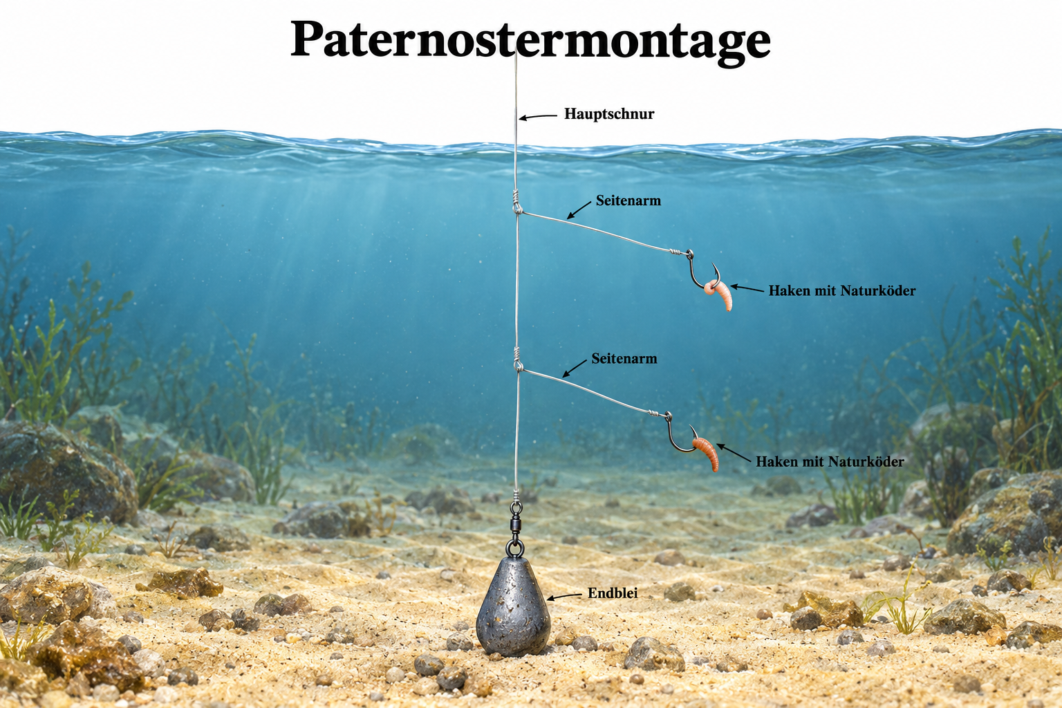 Illustration einer Paternostermontage mit Haken an Seitenarmen und einem Blei am Schnurende.