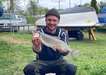 Angler präsentiert einen frisch gefangenen Felchen am Bodensee-Untersee