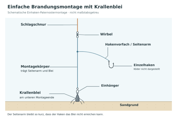 Schematische Brandungsmontage mit beschrifteter Schlagschnur, Wirbel, Montagekörper, Hakenvorfach und Krallenblei am Sandgrund.