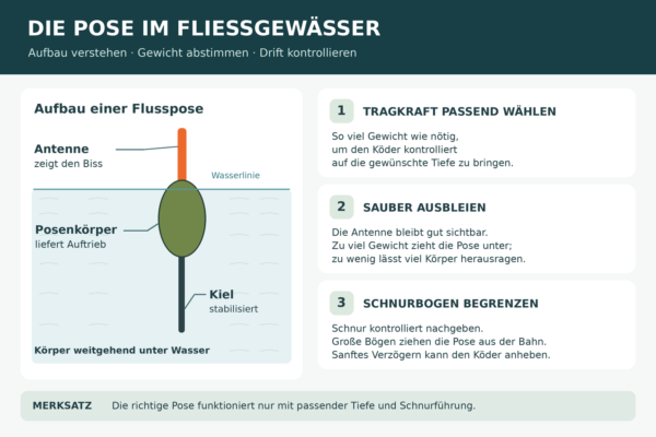 Infografik mit Antenne, Posenkörper und Kiel einer Flusspose sowie Tipps zu Tragkraft, Ausbleiung und Schnurführung.
