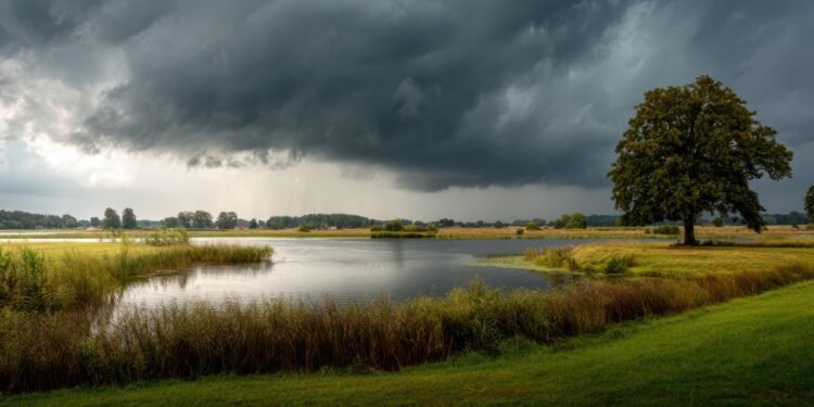 Dunkle Gewitterfront mit Starkregen über einem See und einer Uferlandschaft