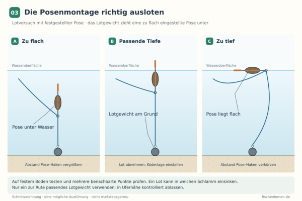 Drei Schemazeichnungen zeigen eine zu flach, passend und zu tief eingestellte Posenmontage beim Ausloten mit Lotgewicht.
