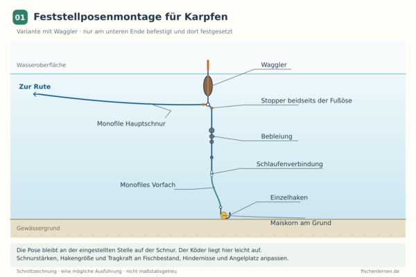Karpfen-Posenmontage mit festgestelltem Waggler, verteilter Bebleiung und einem Maiskorn am Haken auf dem Gewässergrund.