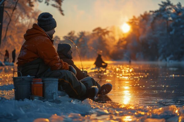 Warm gekleidete Angler sitzen bei Sonnenaufgang zum Eisangeln auf einem verschneiten See.