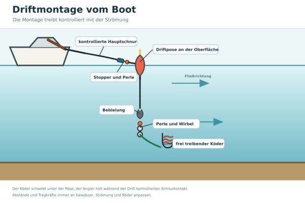 Driftmontage mit Oberflächenpose und frei treibendem Köder vom Angelboot