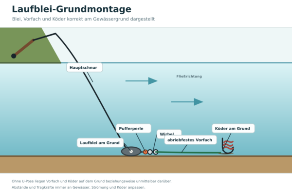 Laufblei-Grundmontage mit Blei und Köder am Gewässergrund zum Welsangeln