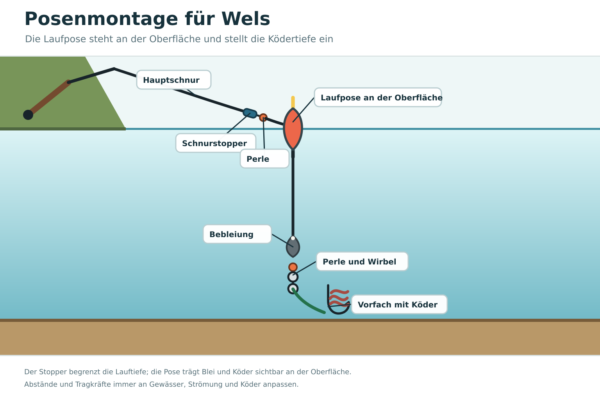 Posenmontage mit Laufpose, Blei und Köder zum Welsangeln im Fluss