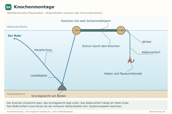 Schema einer Knochenmontage mit zwei Schwimmkörpern an der Oberfläche, Grundgewicht am Boden und seitlich herabhängendem Ködervorfach.
