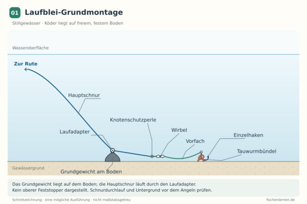 Schema einer Wels-Grundmontage mit Laufadapter, Grundgewicht am Boden, Knotenschutzperle, Wirbel und Tauwurmbündel am Einzelhaken.