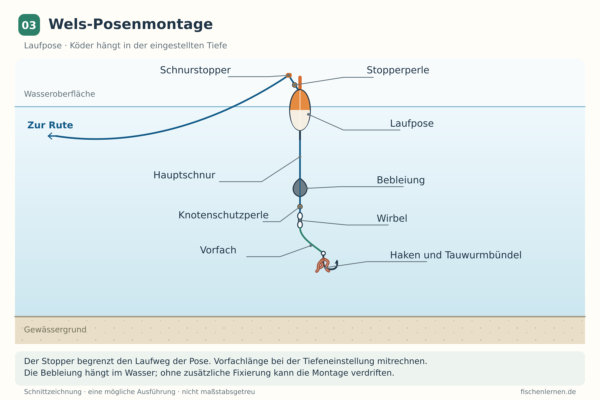 Wels-Posenmontage mit Schnurstopper, Laufpose an der Wasseroberfläche, hängender Bebleiung und Tauwurmbündel am Vorfach.