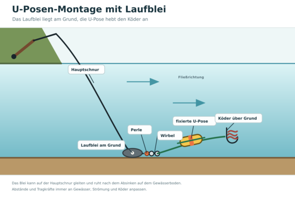 U-Posen-Montage mit Laufblei und angehobenem Köder für Wels im Fluss